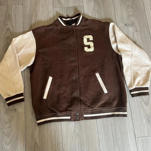 Color-block Baseball Jacket|Bomber Jacket|Dark brown/white, Seattle, West Coast - Picture 2 of 10